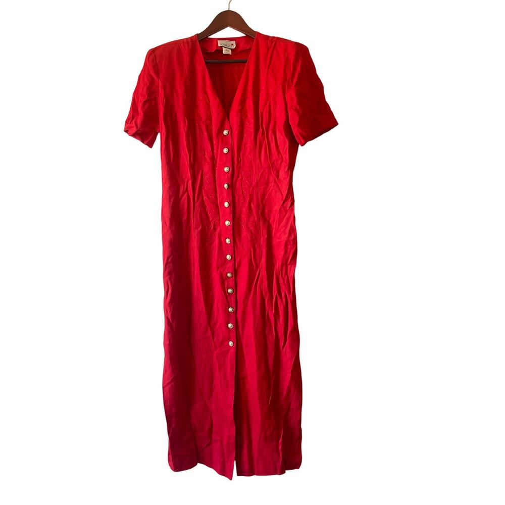 Vintage Scarlett red ribbon detail with pearl button midi dress size‎ large